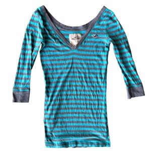 Y2K Hollister Striped V-Neck 3/4 Sleeve Top Size Medium